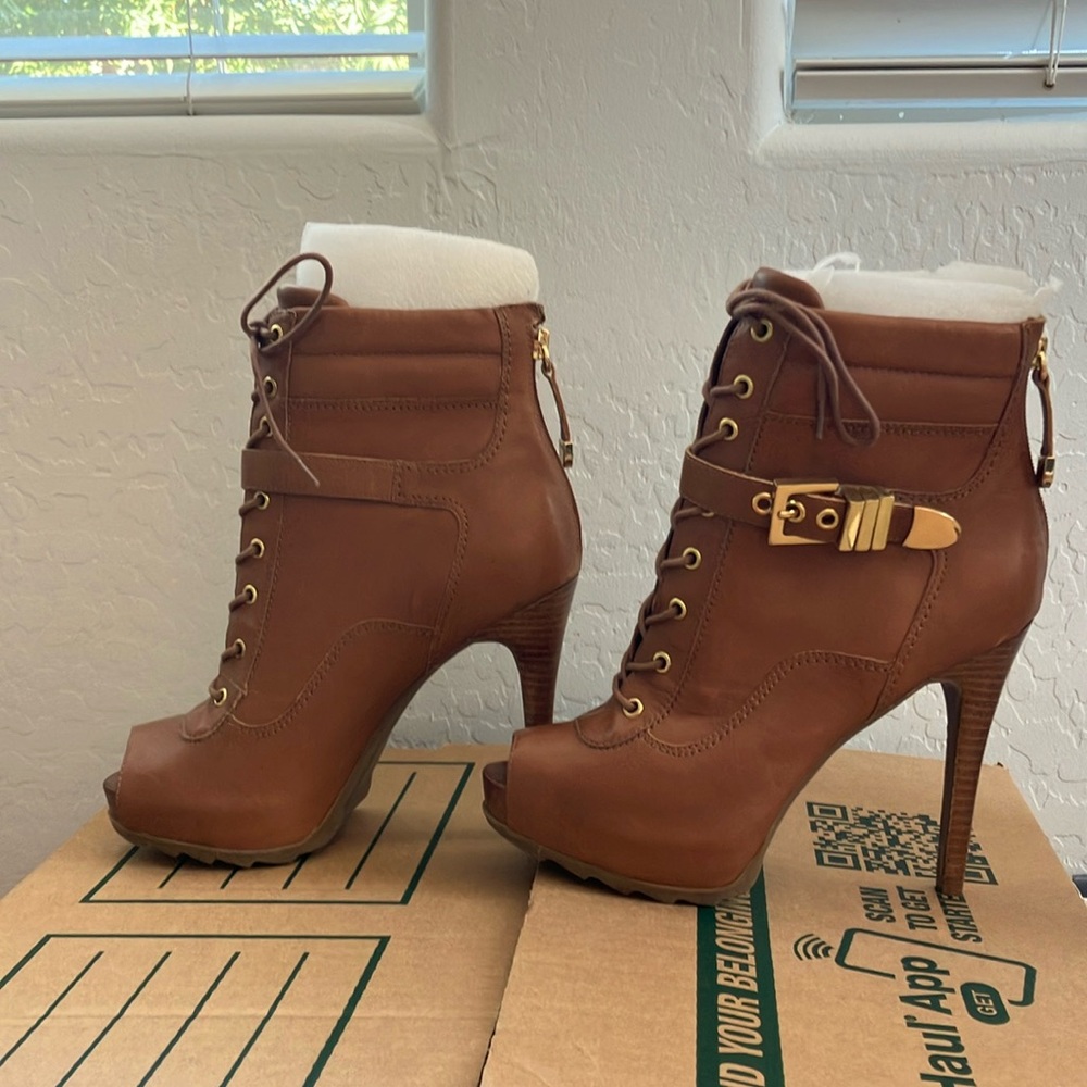 Guess Cognac Platform Booties.